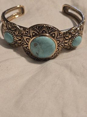 Vintage Studio Barse Solid Bronze Genuine Turquoise Statement Cuff Bracelet
